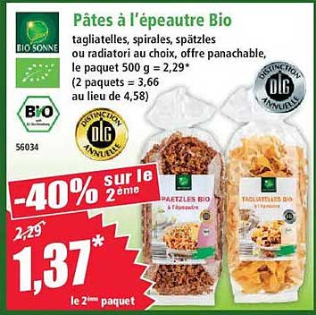 Pâtes à l'épeautre Bio