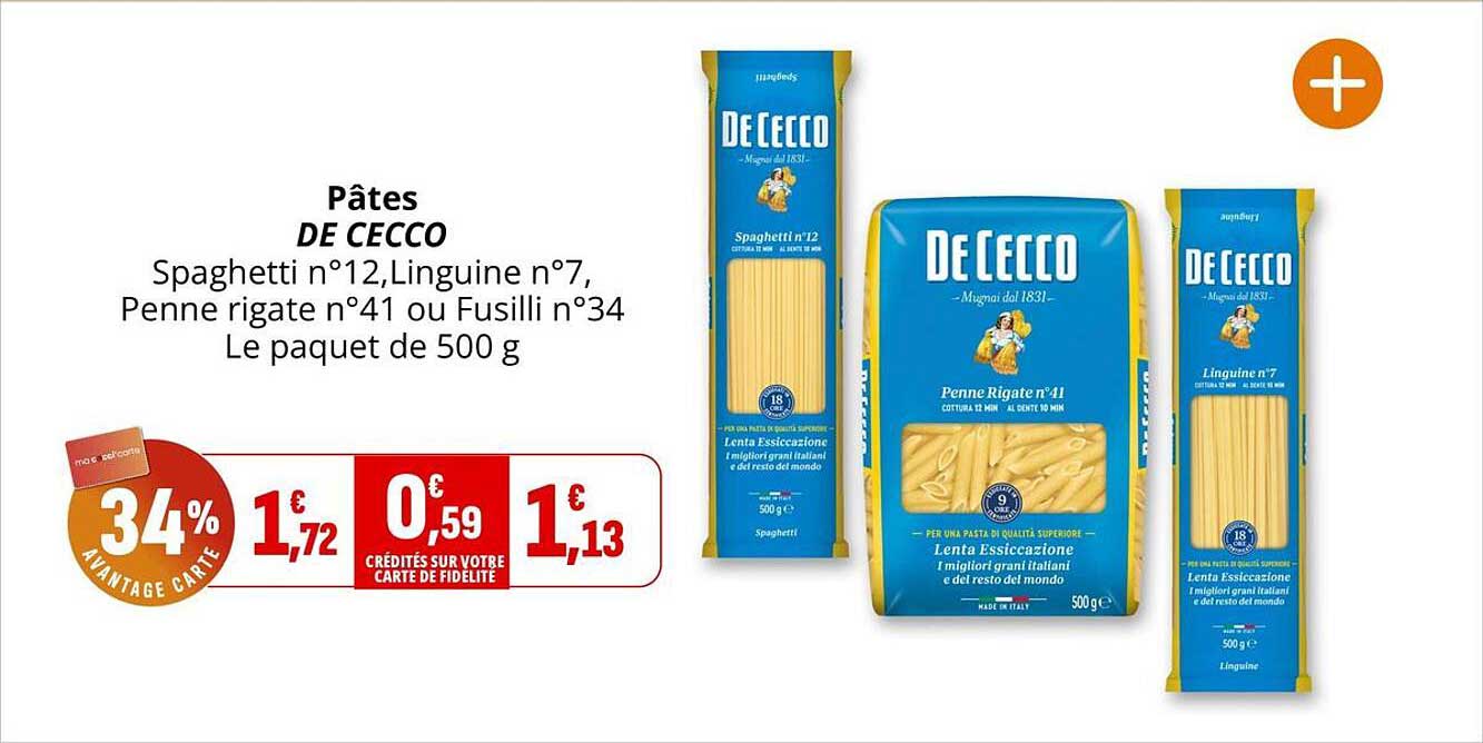 Pâtes DE CECCO Spaghetti n°12, Linguine n°7, Penne rigate n°41 ou Fusilli n°34 Le paquet de 500 g