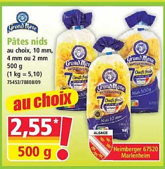 Pâtes nids au choix, 10 mm, 4 mm ou 2 mm 500 g (1 kg = 5,10)