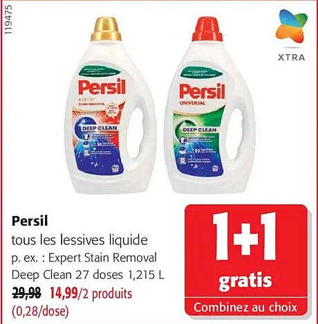 Persil tous les lessives liquide p. ex. : Expert Stain Removal Deep Clean 27 doses 1,215 L 1+1 gratis Combinez au choix