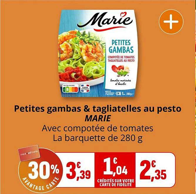 Petites gambas & tagliatelles au pesto MARIE Avec compotée de tomates La barquette de 280 g