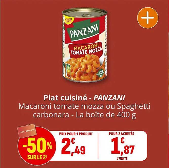 Plat cuisiné - PANZANI Macaroni tomate mozza ou Spaghetti carbonara - La boîte de 400 g
