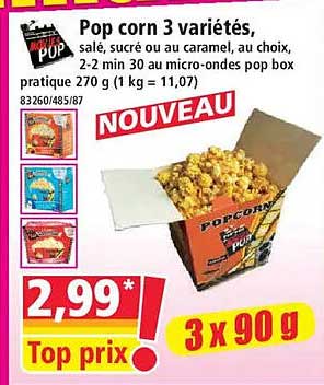 Pop corn 3 variétés, salé, sucré ou au caramel, au choix, 2-2 min 30 au micro-ondes pop box pratique 270 g (1 kg = 11,07)