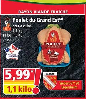 Poulet du Grand Est prêt à cuire, 1,1 kg
