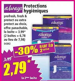 Protections hygiéniques always profresh, fresh & protect ou extra protect au choix, 1 paquet = 3,99* (2 boites = 6,78 au lieu de 7,98) 54342