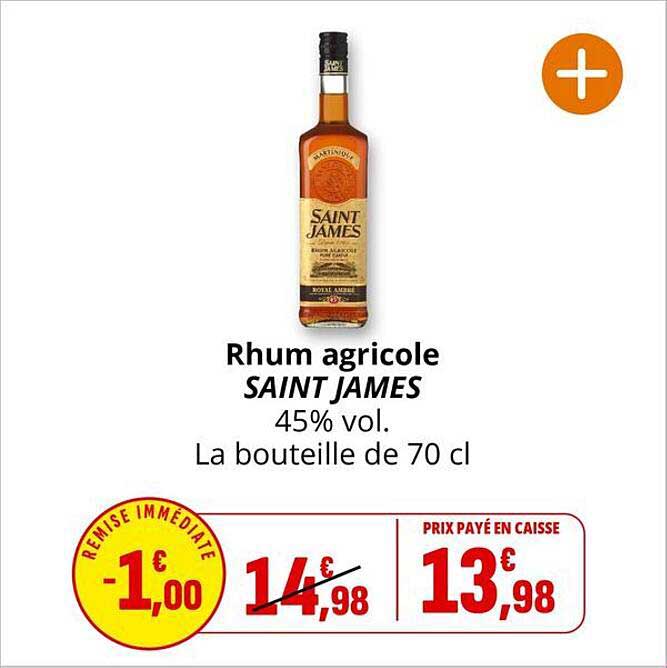 Rhum agricole SAINT JAMES 45% vol. La bouteille de 70 cl