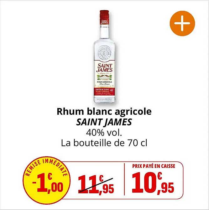 Rhum blanc agricole SAINT JAMES 40% vol. La bouteille de 70 cl