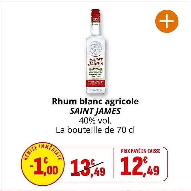Rhum blanc agricole SAINT JAMES 40% vol. La bouteille de 70 cl
