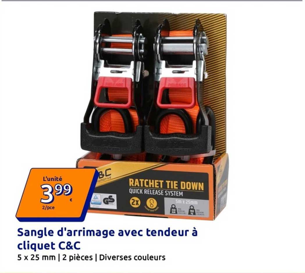 Sangle d'arrimage avec tendeur à cliquet C&C