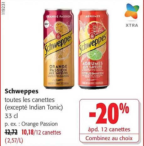 Schweppes toutes les canettes (excepté Indian Tonic) 33 cl p. ex. : Orange Passion