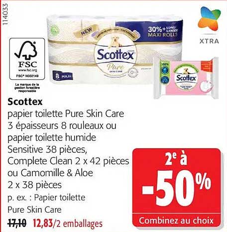 Scottex papier toilette Pure Skin Care 3 épaisseurs 8 rouleaux ou papier toilette humide Sensitive 38 pièces, Complete Clean 2 x 42 pièces ou Camille & Aloe 2 x 38 pièces