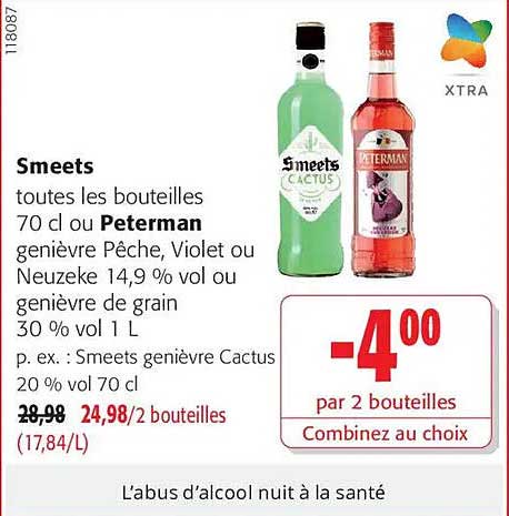 Smeets toutes les bouteilles 70 cl ou Peterman genièvre Pêche, Violet ou Neuzeke 14,9 % vol ou genièvre de grain 30 % vol 1 L