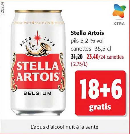 Stella Artois pils 5,2 % vol canettes 35,5 cl 18+6 gratis