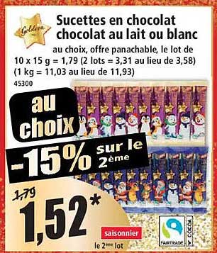 Sucettes en chocolat chocolat au lait ou blanc au choix, offre panachable, le lot de 10 x 15 g = 1,79 (2 lots = 3,31 au lieu de 3,58) (1 kg = 11,03 au lieu de 11,93)