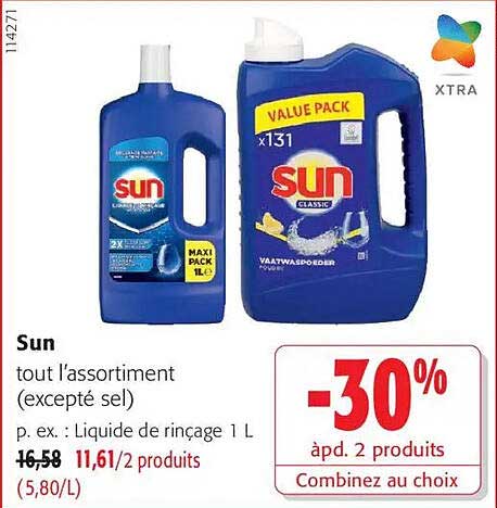 Sun tout l'assortiment (excepté sel) p. ex. : Liquide de rinçage 1 L