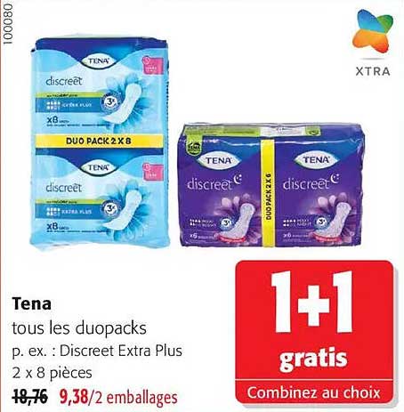 Tena tous les duopacks p. ex. : Discreet Extra Plus 2 x 8 pièces 1+1 gratis Combinez au choix