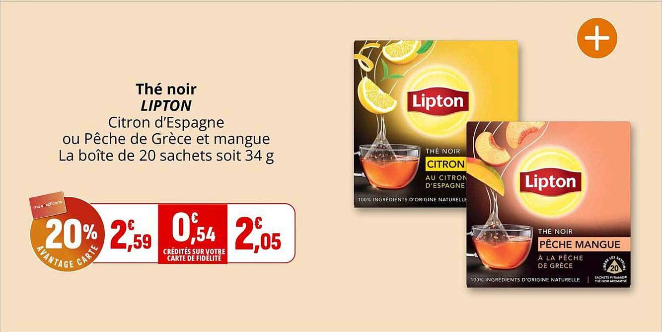 Thé noir LIPTON Citron d’Espagne ou Pêche de Grèce et mangue La boîte de 20 sachets soit 34 g
