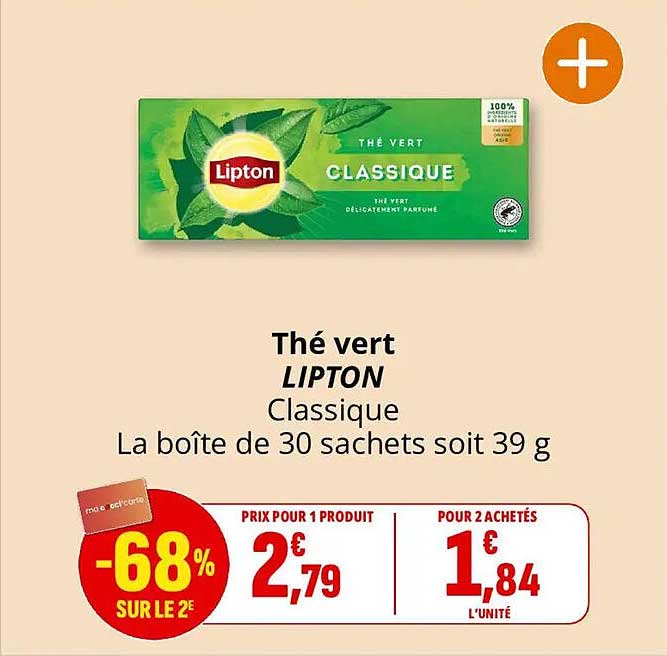 Thé vert LIPTON Classique La boîte de 30 sachets soit 39 g