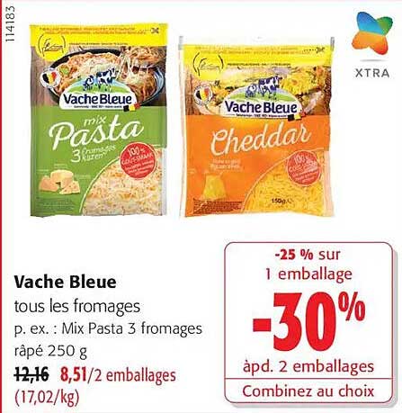 Vache Bleue tous les fromages p. ex. : Mix Pasta 3 fromages râpé 250 g