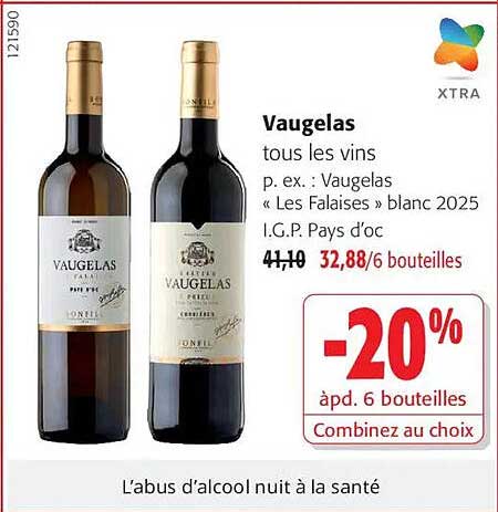 Vaugelas tous les vins p. ex. : Vaugelas « Les Falaises » blanc 2025 I.G.P. Pays d'oc