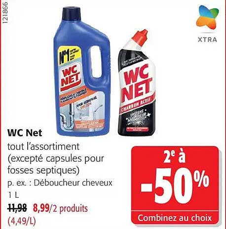 WC Net tout l’assortiment (excepté capsules pour fosses septiques) p. ex. : Déboucheur cheveux 1 L