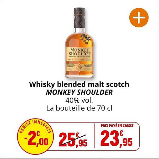 Whisky blended malt scotch MONKEY SHOULDER 40% vol. La bouteille de 70 cl