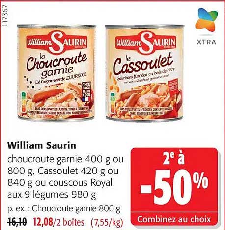 William Saurin choucroute garnie 400 g ou 800 g, cassoulet 420 g ou 840 g ou couscous Royal aux 9 légumes 980 g