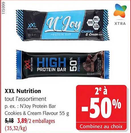 XXL Nutrition tout l’assortiment p. ex. : N’Joy Protein Bar Cookies & Cream Flavour 55 g