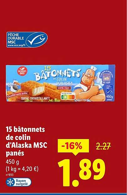 15 bâtonnets de colin d'Alaska MSC panés