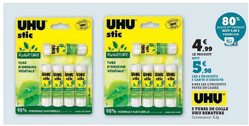 5 TUBES DE COLLE UHU RENATURE