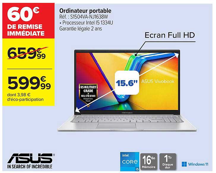 60€ de remise immédiate sur l'Ordinateur portable ASUS Vivobook