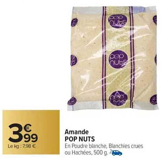 Amande POP NUTS En Poudre blanche, Blanchies crues ou Hachées, 500 g.