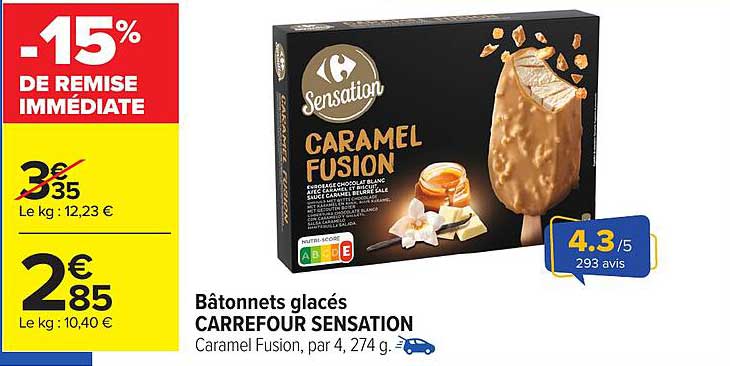 Bâtonnets glacés CARREFOUR SENSATION Caramel Fusion