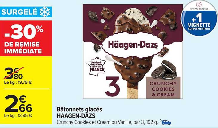 Bâtonnets glacés HAAGEN-DAZS - Crunchy Cookies et Cream ou Vanille, par 3, 192 g.