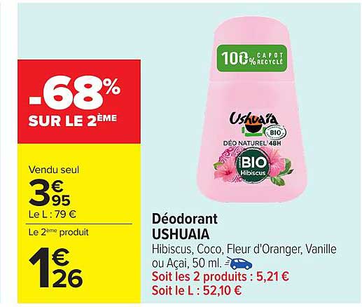 Déodorant USHUAIA Hibiscus, Coco, Fleur d'Orange, Vanille ou Acai, 50 ml.