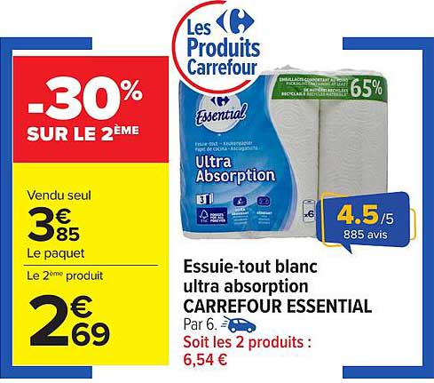 Essuie-tout blanc ultra absorption CARREFOUR ESSENTIAL