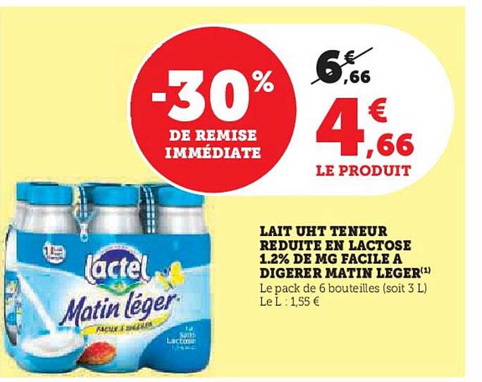 LAIT UHT TENEUR REDUITE EN LACTOSE 1.2% DE MG FACILE A DIGERER MATIN LEGERE