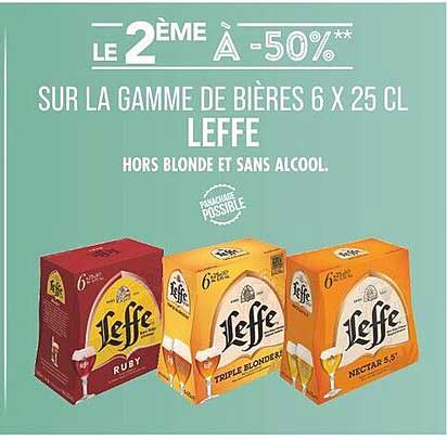 Le 2ème à -50% sur la gamme de bières 6 x 25 cl Leffe hors blonde et sans alcool