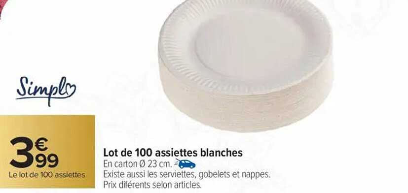 Lot de 100 assiettes blanches