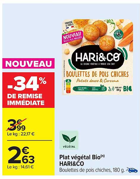 NOUVEAU Plat végétal Bio(n) HARI&CO Boulettes de pois chiches, 180 g
