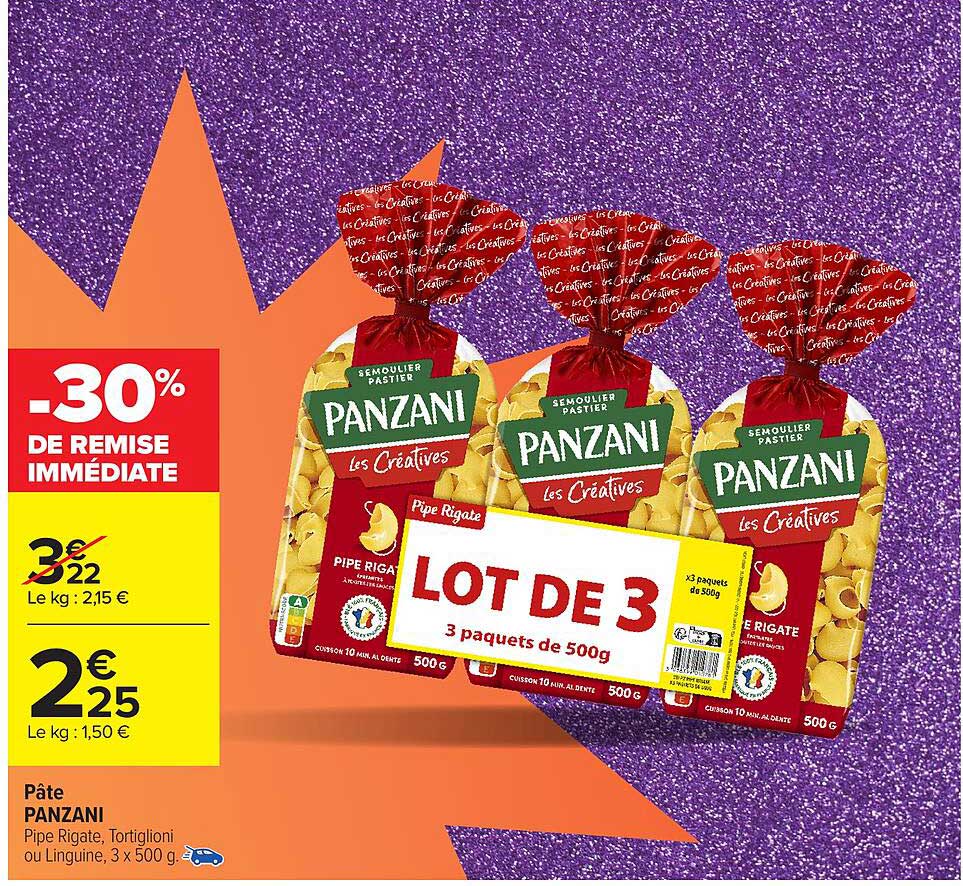 Pâte PANZANI Lot de 3 - Pipe Rigate, Tortiglioni ou Linguine, 3 x 500 g