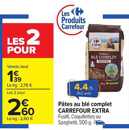 Pâtes au blé complet CARREFOUR EXTRA Fusilli, Coquillettes ou Spaghetti, 500 g.