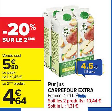 Pur jus CARREFOUR EXTRA Pomme, 4 x 1 L