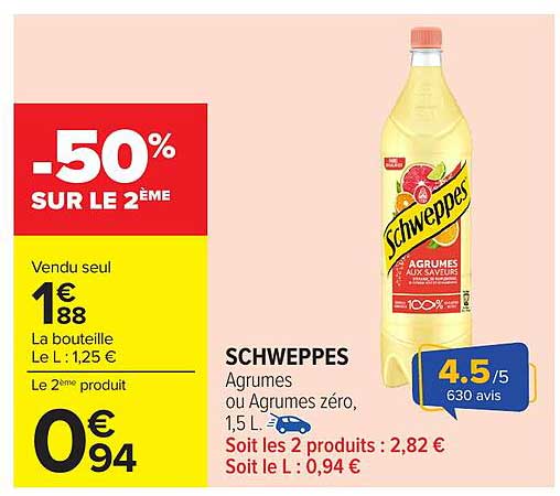 SCHWEPPES Agrumes ou Agrumes zéro, 1,5 L