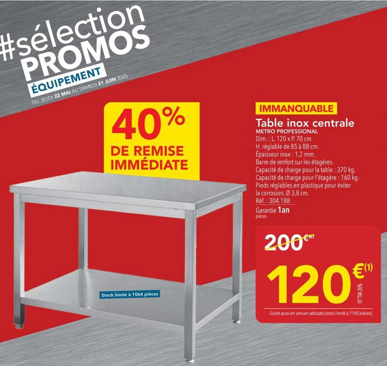 Table inox centrale - 40% de remise immédiate