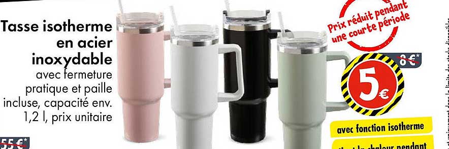 Tasse isotherme en acier inoxydable avec fermeture pratique et paille incluse