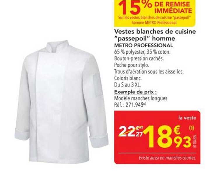 Vestes blanches de cuisine "passepoil" homme - METRO PROFESSIONAL