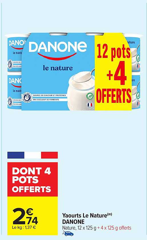 Yaourts Le Nature(m) DANONE, 12 x 125 g + 4 x 125 g offerts