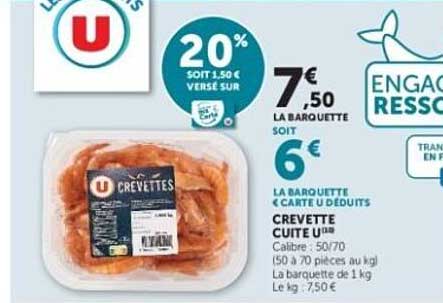 20% SOIT 1,50 € VERSE SUR LA BARQUETTE CREVETTE CUITE U