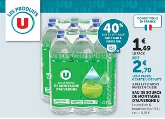 40% sur le 2ème pack soit 0,68 € versés sur carte U